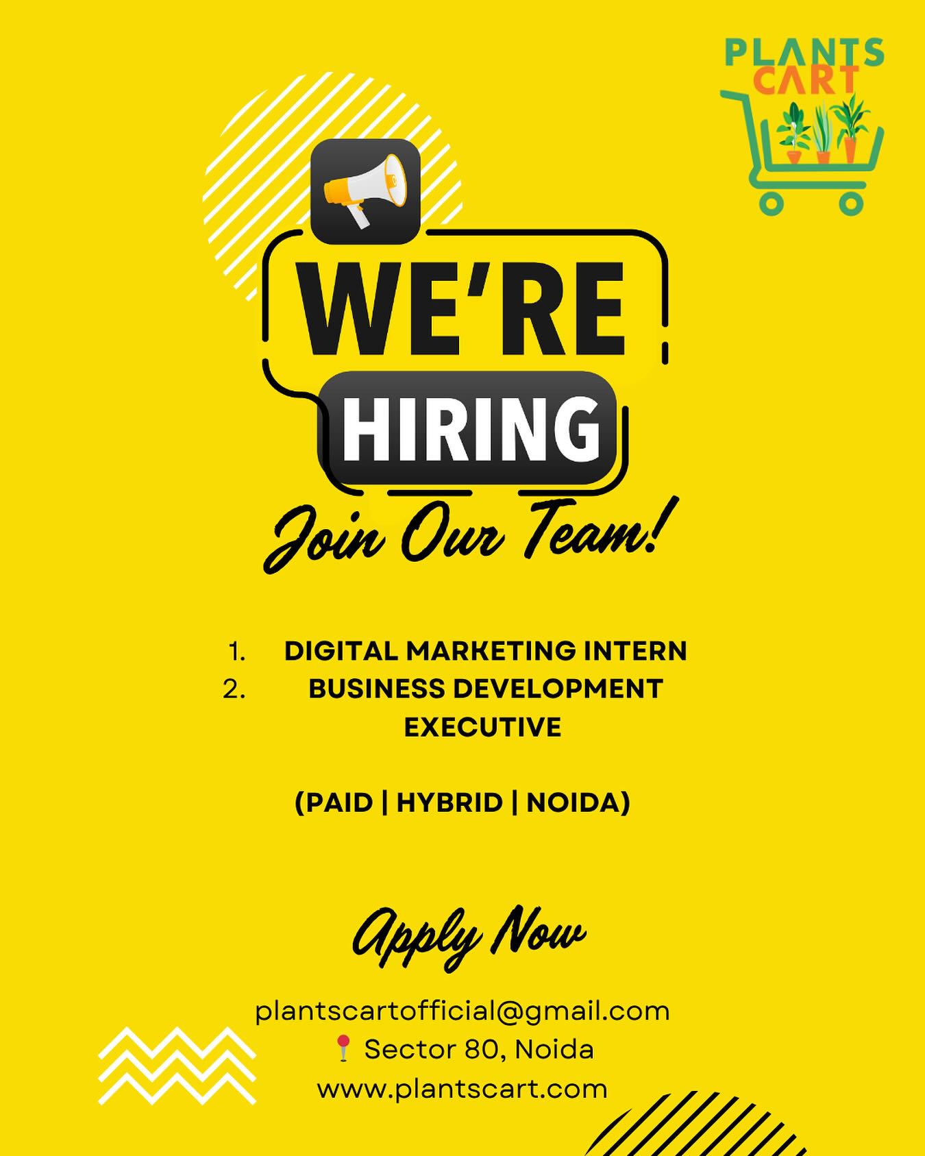 We’re hiring! 
Looking for a Digital Marketing Intern & BD Executive to grow with Plants Cart.
If you love content, connections, and going green — let’s talk! 
If this sounds like someone you know, tag them below!
#hiringnow #digitalmarketing #businessdevelopment #plantscart #greenjobs #noida #hybridwork #joinus